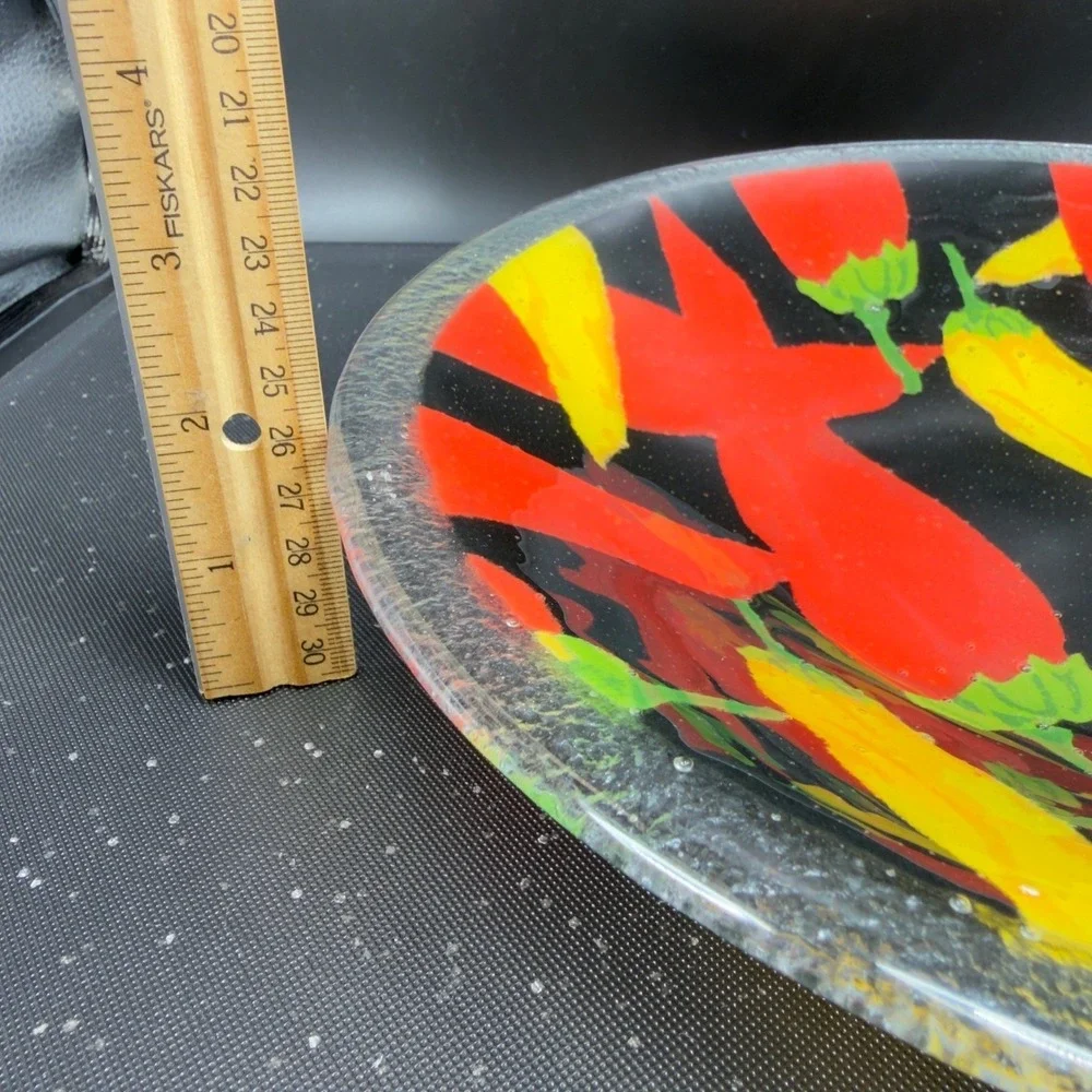 Fused Art Glass Chili Pepper‎ Bowl Red Yellow Black Southwestern Decor 10.5inch